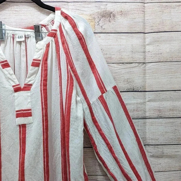 Gap Women's Size M Split Neck Blouse Frame Zen Red Stripe Beige Long Sleeve Top. - Picture 3 of 10